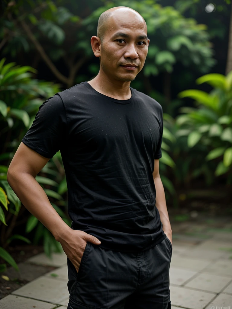 Realistic picture of a 40-year-old Indonesian man with a thin body and bald hair, he is wearing black t-shirts, cargo short pants and flip-flops, the background is light color, very beautiful.