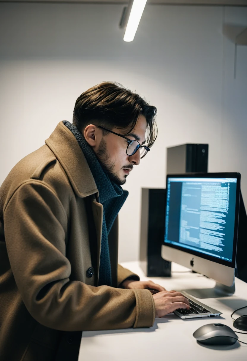 man in coat facing a computer, editing videos