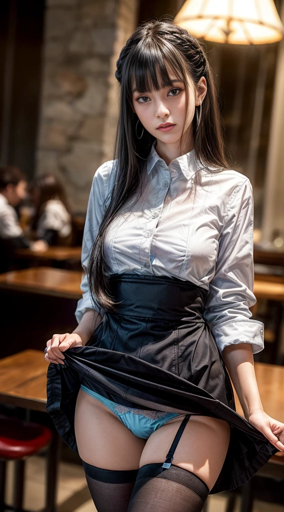 ((((Hair styles of different lengths))))、Earrings、襟付きshirt、、((((Blunt bangs)))) ((Short bangs))、Shorn bangs、(((Stylish restaurant)))、(masterpiece、Highest quality、In 8K、32k、masterpiece、Super huge 、Ultra-high resolution、Impressionism、Realistic:1.2)、Cowboy Shot、Sharp focus、Beautiful face with detailed background of face and eyelids、blue sky、Glowing Skin、Sharp pupils、Realistic eyes and beautiful face、Blurred Background、Beautiful 28 year old girl、Glowing Skin、(((bright and beautiful hair)))、iris、(((shirt)))、(Knee-length skirt)、(I see a very small Scanty..:1.45)、Thighs Thighs Thighs Thighs、curve、Dynamic pose、Powerful composition、((Melancholic expression))、((A look of contempt))、sweating、((Jet Black Hair))、Lace panties、((Source order))、High nose、(Small Mouth)、Skirt rip、((Grab your skirt))、stockings、Pubic hair is visible、((waitress))、(Wearing a name tag)、((Panties in different colors:1.25))、Wearing an apron