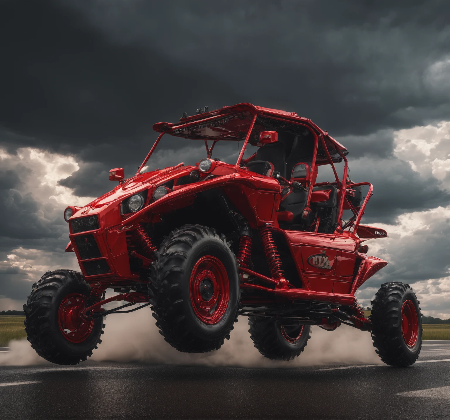 Red buggy, Aesthetic, Extremely detailed, a car, Rapid acceleration on the highway, Thunderstorm clouds, Dramatic Detailed Clouds, Beautiful fantasy photos，Complex details，Amazing, Produced by WETA FX and Industrial Light &amp; Magic, Sophisticated RTX-enhanced CGI rendering