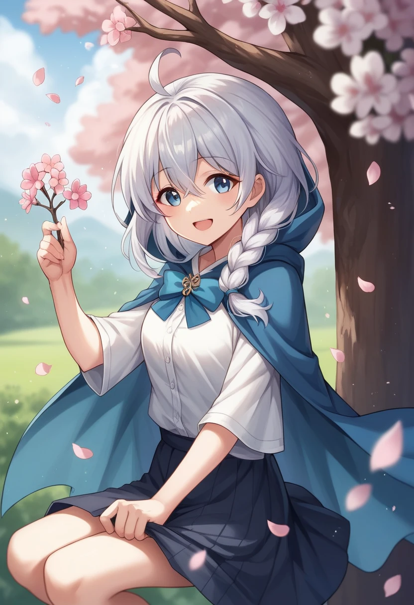 blurry, blurry_foreground, depth_of_field, petals, butterfly, bug, cherry_blossoms, blurry_background, blue_butterfly, motion_blur, flower, elaina_(majo_no_tabitabi), 1girl, open_mouth, long_hair, pink_flower, braid, falling_petals, white_shirt, smile, skirt, shirt, white_flower, tree, outdoors, ahoge, looking_at_viewer, hair_between_eyes, spring_(season), day, solo, holding, branch, bangs, blue_sky, eyebrows_visible_through_hair, :d, silver_hair, hood, cape