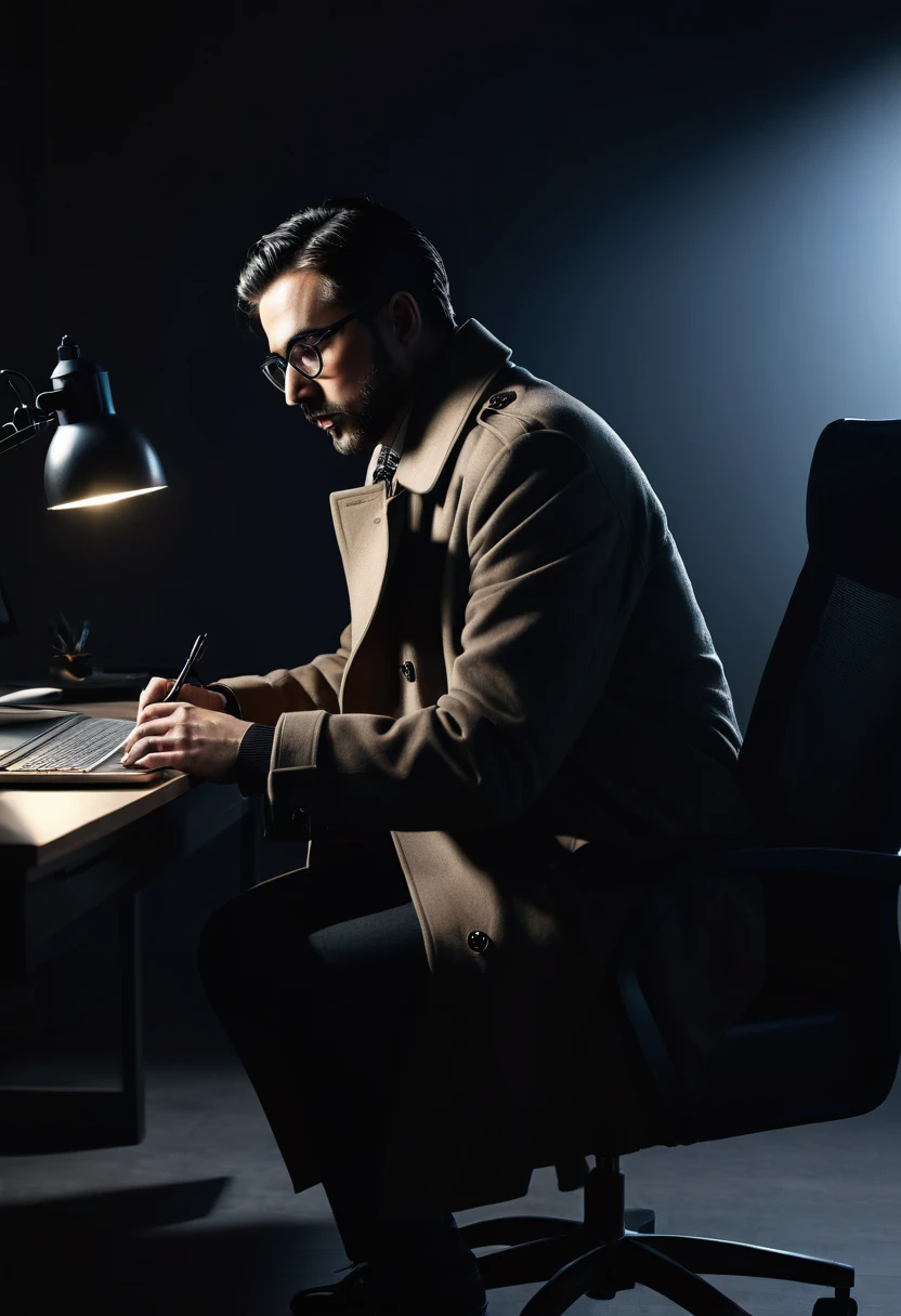 A man in a long coat sitting at a desk, editing videos on a computer, studio lighting, intricate details, cinematic, high contrast, moody lighting, dramatic shadows, professional quality