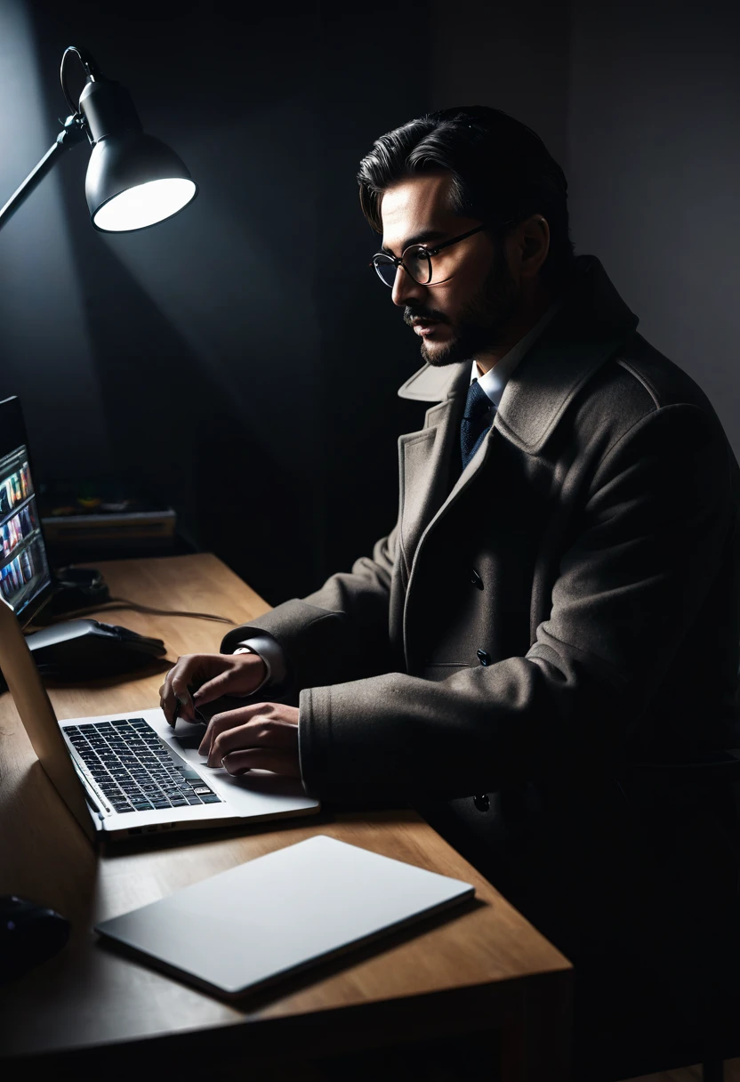 A man in a long coat sitting at a desk, editing videos on a computer, studio lighting, intricate details, cinematic, high contrast, moody lighting, dramatic shadows, professional quality