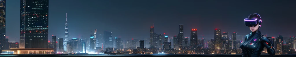 A city of the future, many skyscrapers, blade runner style, hyper-realistic, realistic, an android woman wearing VR headset, cinematic, 8k, very intricate