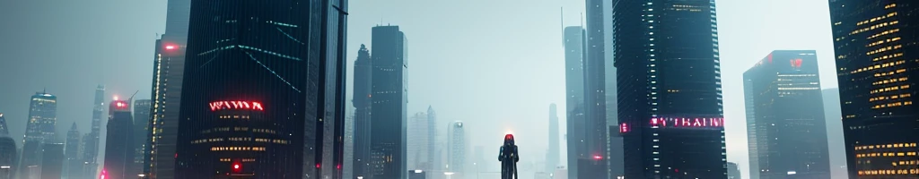 A city of the future, many skyscrapers, blade runner style, hyper-realistic, realistic, an android woman wearing VR headset, cinematic, 8k, very intricate
