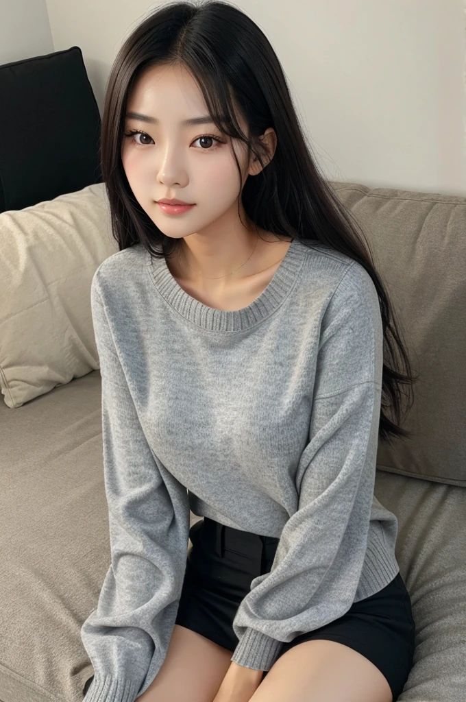 A beutiful Korean girl in a grey sweater and black lover