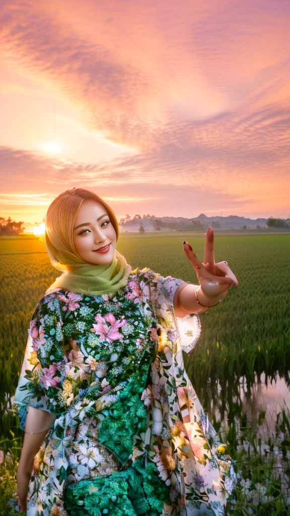a woman in a floral dress standing in a field of green grass, dilraba dilmurat, cute vtuber, profile picture 1024px, wonderful masterpiece, (((wearing sexy cloth, panties))), malaysia with a paddy field, at sunrise, with sunset, bra, panties, sakimi chan, standing in flower field, in a field