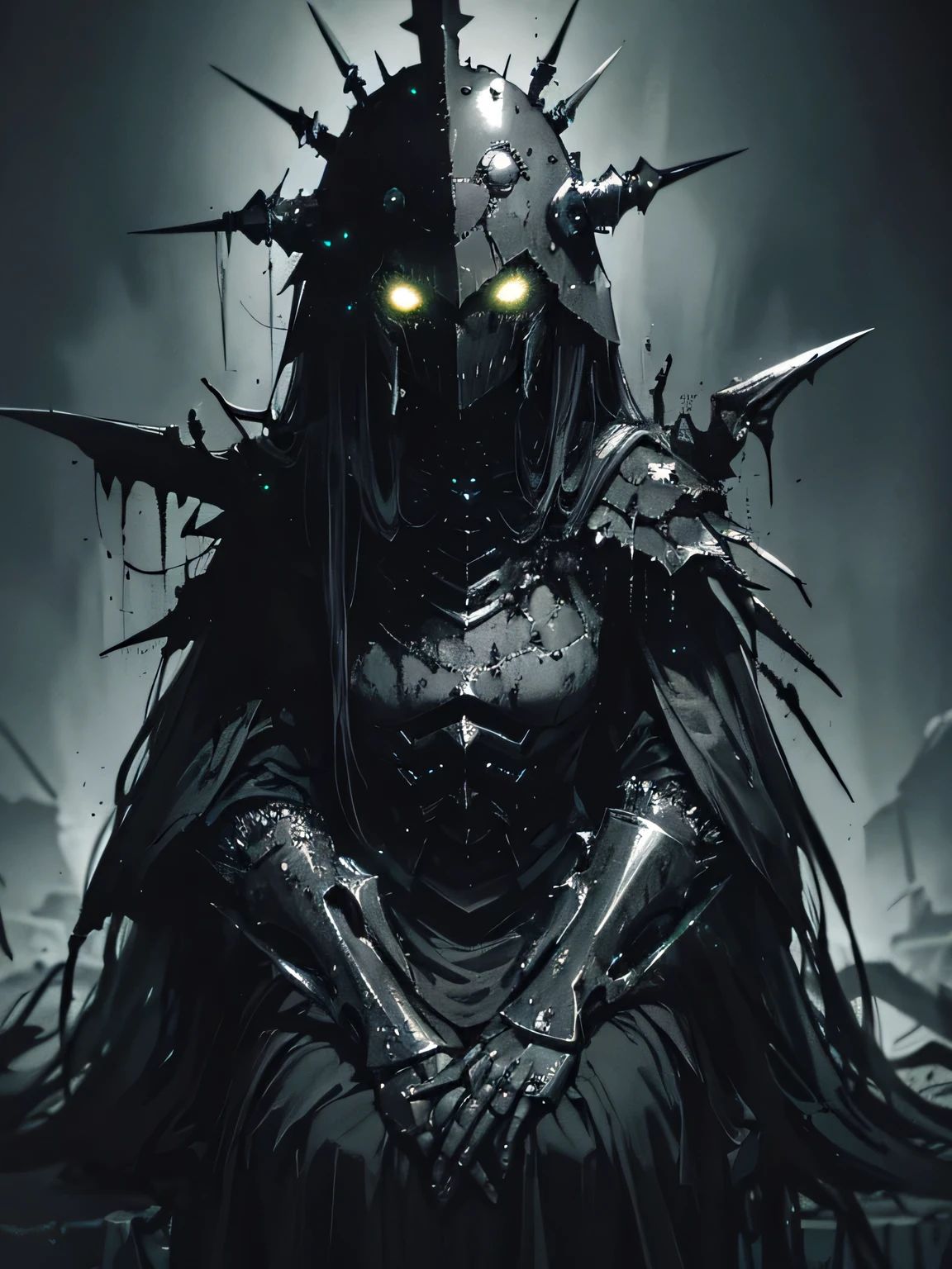 ((dark biopunk horror)), gloomy biopunk, (dark biopunk girl), sits on a slime hummock, (dark skin), (dark brown skin), (black skin), long hair, pointed helmet, dark biopunk clothing, short clothing, cold lights, dark art, highly detailed, extremely detailed, highly detailed background, masterpiece