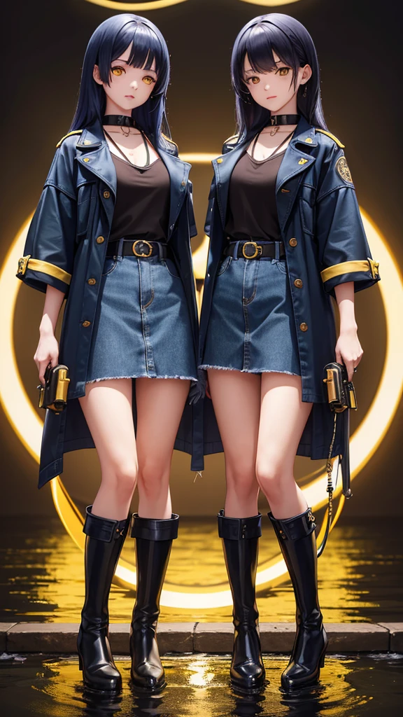 2girls, twins, short wavy navy blue hair, golden yellow glowing eyes, wearing black tube top, navy blue trench coat, navy blue long denim skirt, golden boots, sleeve tattoo, river, absurdres, high res, ultra sharp, 8k, masterpiece, looking at viewer, water surrounding the body, holding a black gun