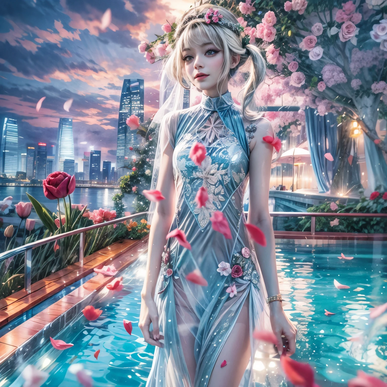 BloodRed, White in Pearly RainbowColors,ExtremelyDetailed(ProfessionalPhoto of Girl Floating in the Sky:1.37)ZoomLayer{Stunning|Mystic|GodRays|Haze}, 57th floor infinity pool in the urban forest. (Masterpiece 8K TopQuality:1.2)(ExtremelyDetailed NOGIZAKA face:1.37) ElaboratePupil with (SparklingHighlights:1.28) DoubleEyelids with Voluminous LongEyelashes PUNIPUNI RosyCheeks (Joyful Expressions LifeLike Rendering) MotionBlur  BREAK  (Acutance:0.77) PUNIPUNI Radiant Impeccable PearlSkin with Transparency White(Skinny SchoolSwimwear) {(HiddenHand)|((Corrected BabyLike Hand))} Whole Body Proportions and all limbs are Anatomically Accurate, {Carnation|Tulips|(Rose)} [FlowerWreath WrappedBody Full of Flowers Covering girl's body] {((Dazzling RainbowColorHorizon))|ColorfulSky|ColoredClouds|(Starly Particles)}(extra limbs:-1.4)(Not Detailed Face:-1.37)(Not Detailed Hand:-1.28), Drawing infinity pool reference to the rooftop of Marina Bay Sands
