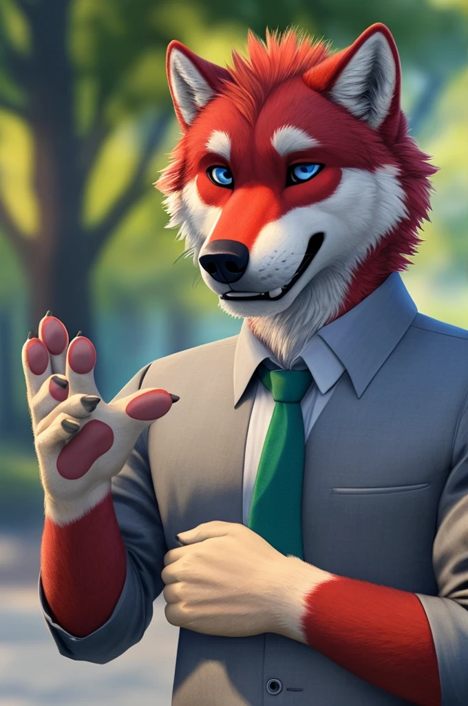 Ivan Wolfbach (сотрудник Аэропорта Domodedovo),high,Beautiful,slim,24 years,wolf, red fur,high Beautiful wolf, 24 years,(red body:1,3),beautiful blue eyes,Domodedovo, Russia, Аэропорт Domodedovo,gray shirt, green tie, trousers, Dog, wolf, detailed fur, a male, antro, paw pads, finger claws, per viewer, 5 fingers, paws, 5 fingers, day, digital photography, soft focus, Good mood на приеме,, Photorealism, realistic , Photorealism, digital style, in the dentist's office, Very close to the camera, digital photography, positive smile, Good, mood, green tie, dental treatment in hospital,sitting in a dental chair masterpiece, Best quality, ultra realistic, 8 k)