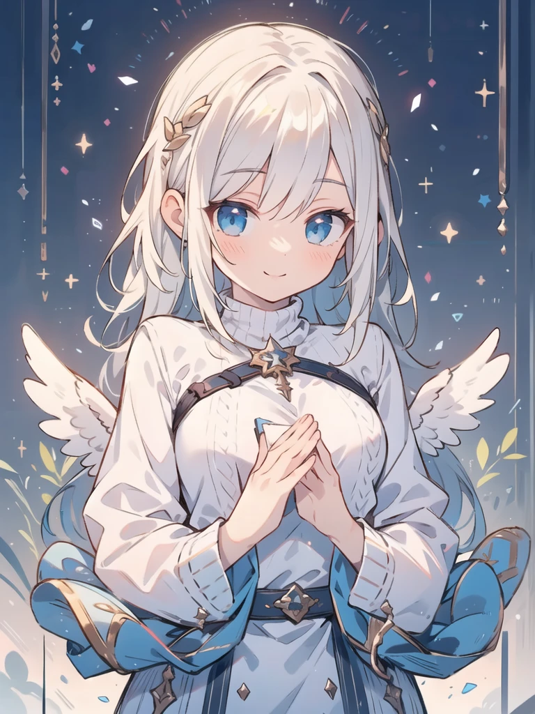 masterpiece, Highest quality, Super detailed, High resolution, (realism:1.1), photorealism, Portraiture, Amazingly beautiful one girl, (cute:1.1), whole body, Beautiful woman face, Kind older sister, sweater, Normal chest, Circle of angels overhead, Angel wings on your back, smile, White Hair, Long Hair, blushing, Volumetric lighting, Contrast, Depth of written boundary, Sharp focus, Absurd, Unreal Engine