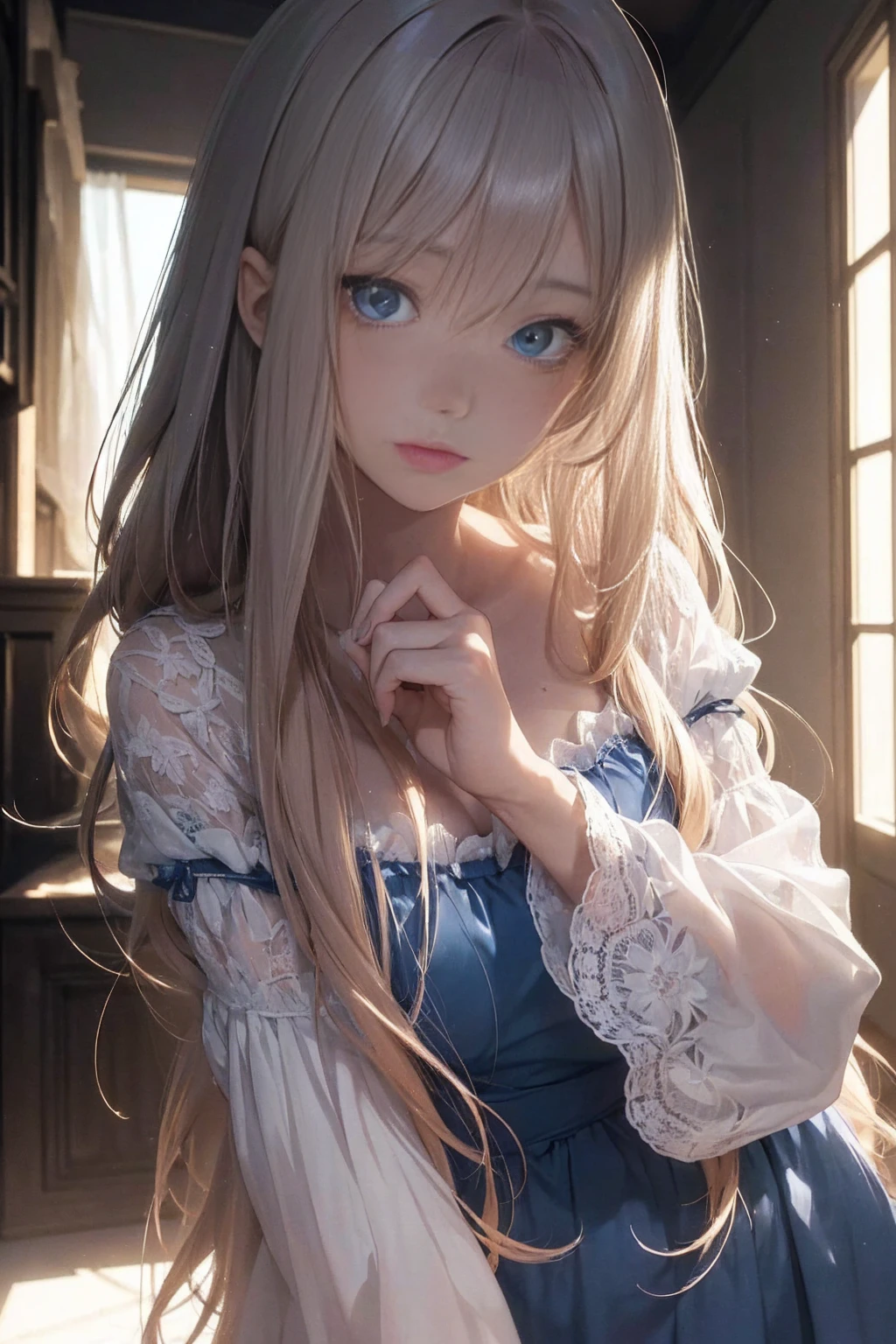 ((1 Female, 1 person, Solitary) Alice, Humanity, Long curly blond hair, blue eyes, freckle, ager, 18 years, Rebirth_ongoing) (Main Part, Super detailed, 8K, (HD, Sunlight:0.5, Soft_shadow:0.5, atmosphere_light, 8K, 4K, Surrealism, elegant, ((((Appearance)))), Soft Ton, 柔和的light))(((Dark, Chiaroscuro)))