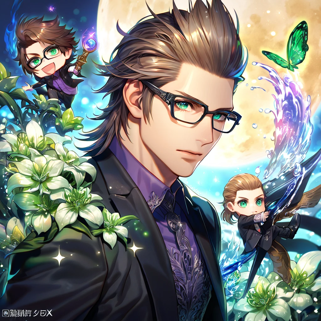 absurdres, highres, ultra detailed, HDR, master piece, best quality, extremely detailed, Ignis Scientia, brown hair, slicked up hair, glasses with black frames, expressive green eyes, Final Fantasy XV, solo, sexy man, handsome, black jacket, purple shirt, black gloves, fantasy, magic, sparkling, water, moon, green flowers, green butterflies