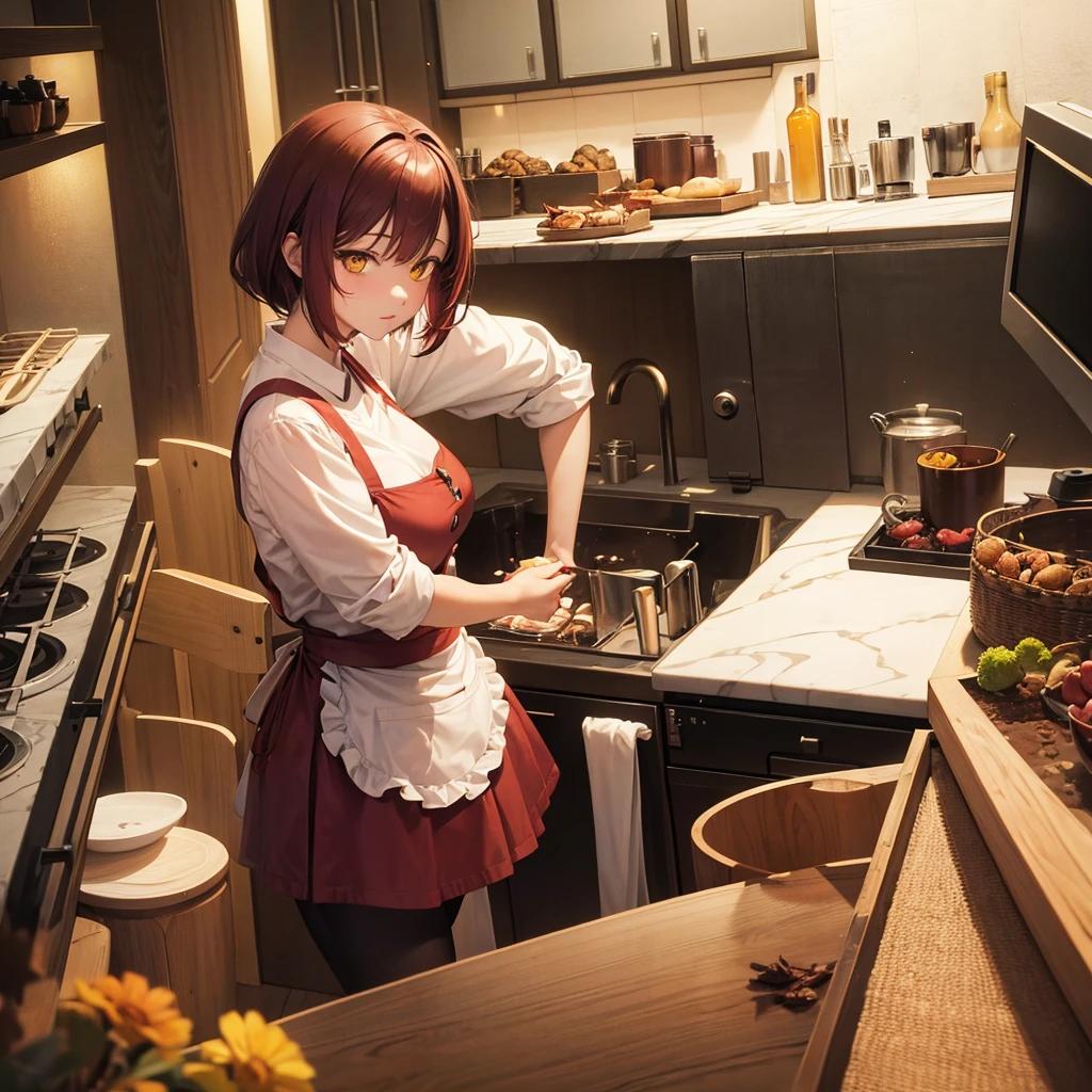 anime girl,mommy,yellow eyes,shorth hair,maroon,skin fair,medium breasts,big thighs,apron,in kitchen, glad