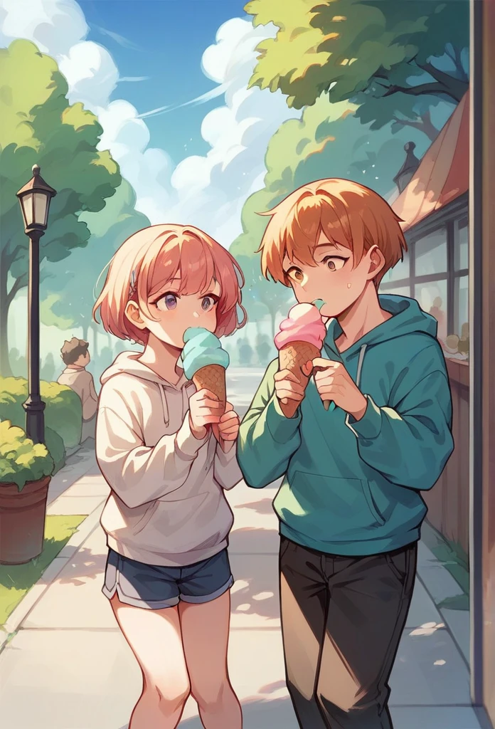friends on a walk in the park eating ice cream