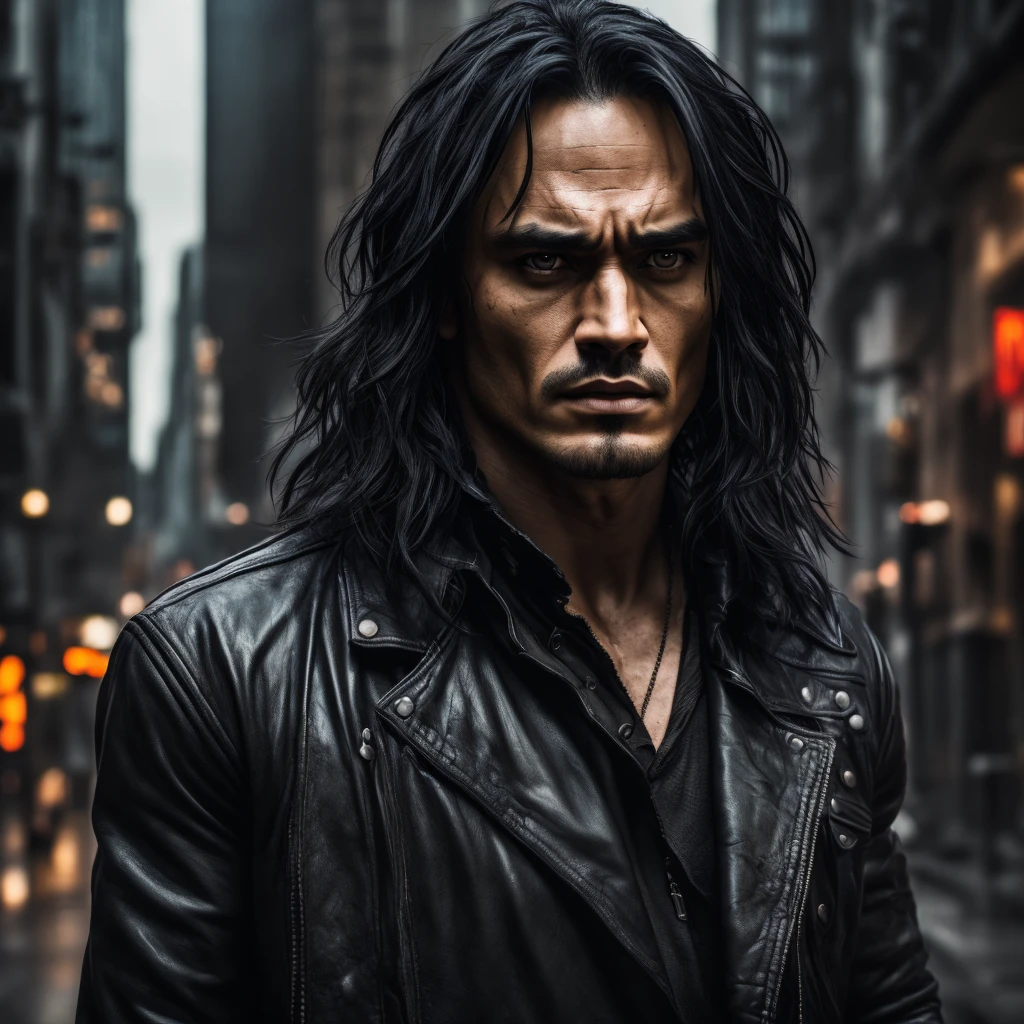 A highly detailed and realistic portrait of Brandon Lee as the character "The Crow", (best quality,4k,8k,highres,masterpiece:1.2),ultra-detailed,(realistic,photorealistic,photo-realistic:1.37),dramatic lighting, dark and moody atmosphere, intricate costume details, weathered and worn leather jacket, intense gaze, pale skin, black makeup around the eyes, sharp facial features, striking expression, raven black hair, urban city backdrop, gritty and grungy environment, moody color palette, deep shadows, cinematic composition