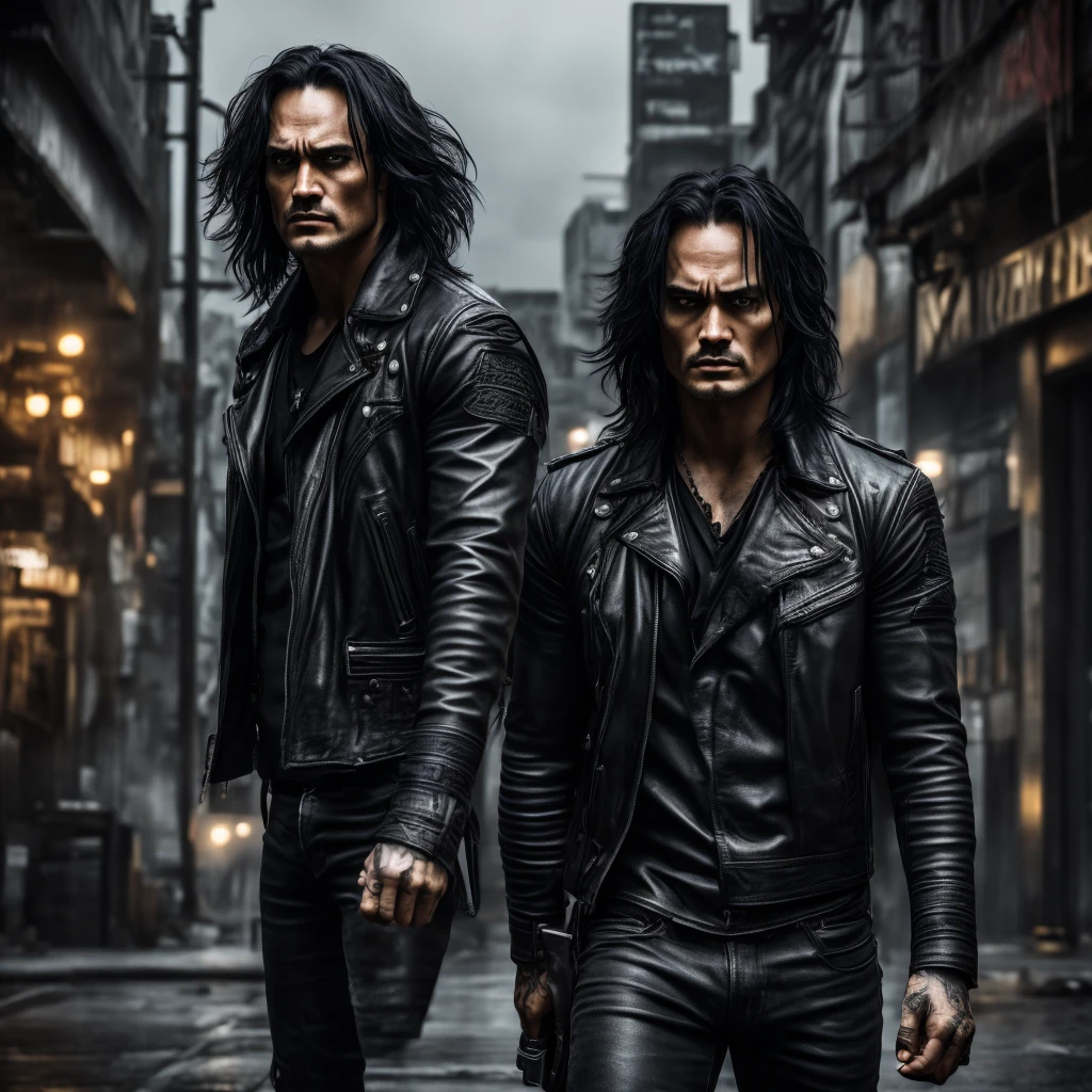 A highly detailed and realistic portrait of Brandon Lee as the character "The Crow", (best quality,4k,8k,highres,masterpiece:1.2),ultra-detailed,(realistic,photorealistic,photo-realistic:1.37),dramatic lighting, dark and moody atmosphere, intricate costume details, weathered and worn leather jacket, intense gaze, pale skin, black makeup around the eyes, sharp facial features, striking expression, raven black hair, urban city backdrop, gritty and grungy environment, moody color palette, deep shadows, cinematic composition