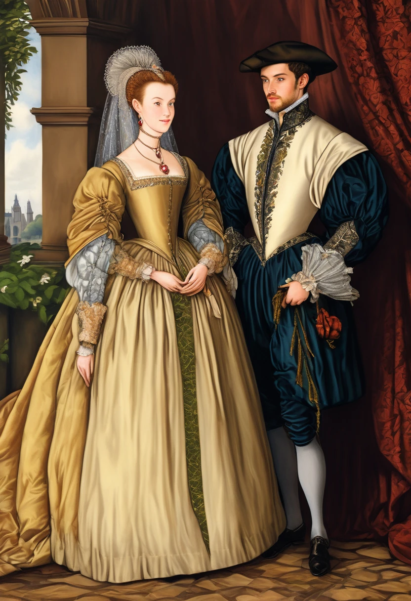 (High Resolution, Ultra Detailed), Showing a very late 1500s Elizabethan Enbglish Handsome young upper middle class couple male and female in classic period Elizabethan fashions clothings attires dress