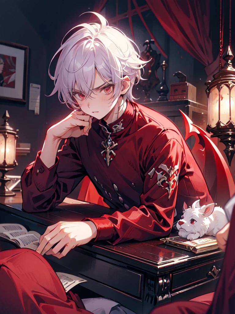Boy,Red vampire lord shirt,red vampire lord pants, white hair,red cowlick, focused face,serious face
