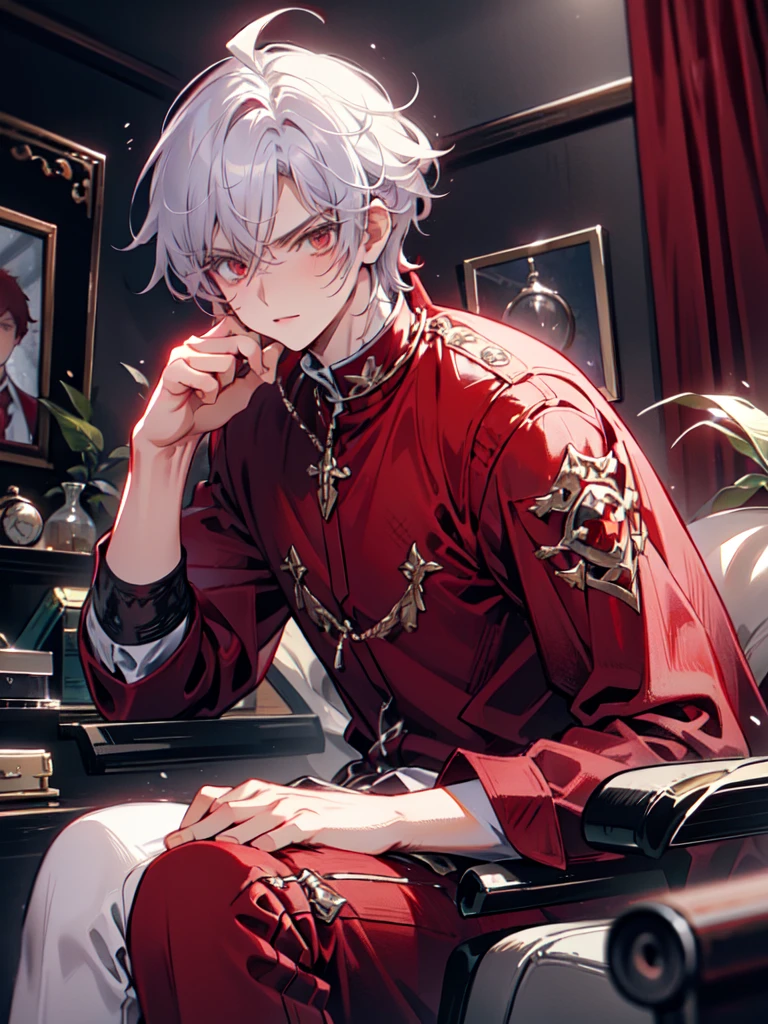 Boy,Red vampire lord shirt,red vampire lord pants, white hair,red cowlick, focused face,serious face