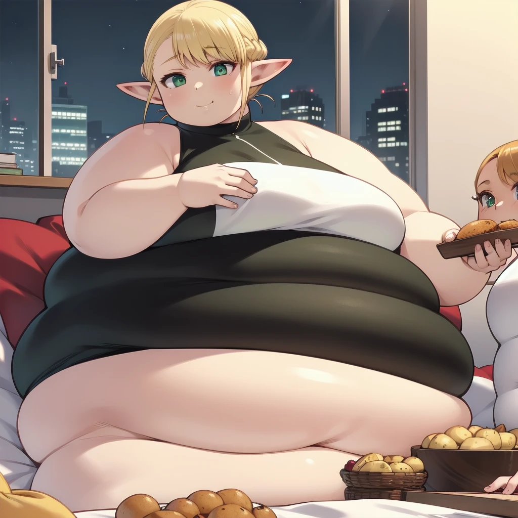 ((Masterpiece)), 1 solo girl, obese erufuda, short hair, pointy ears, obese elf,  fat belly, fat arms, fat neck,  blonde hair, (green eyes:1.5), braid, ((Perfect body)), smile, thick thighs, eating french potato, very cute, night, in bedroom, 4K