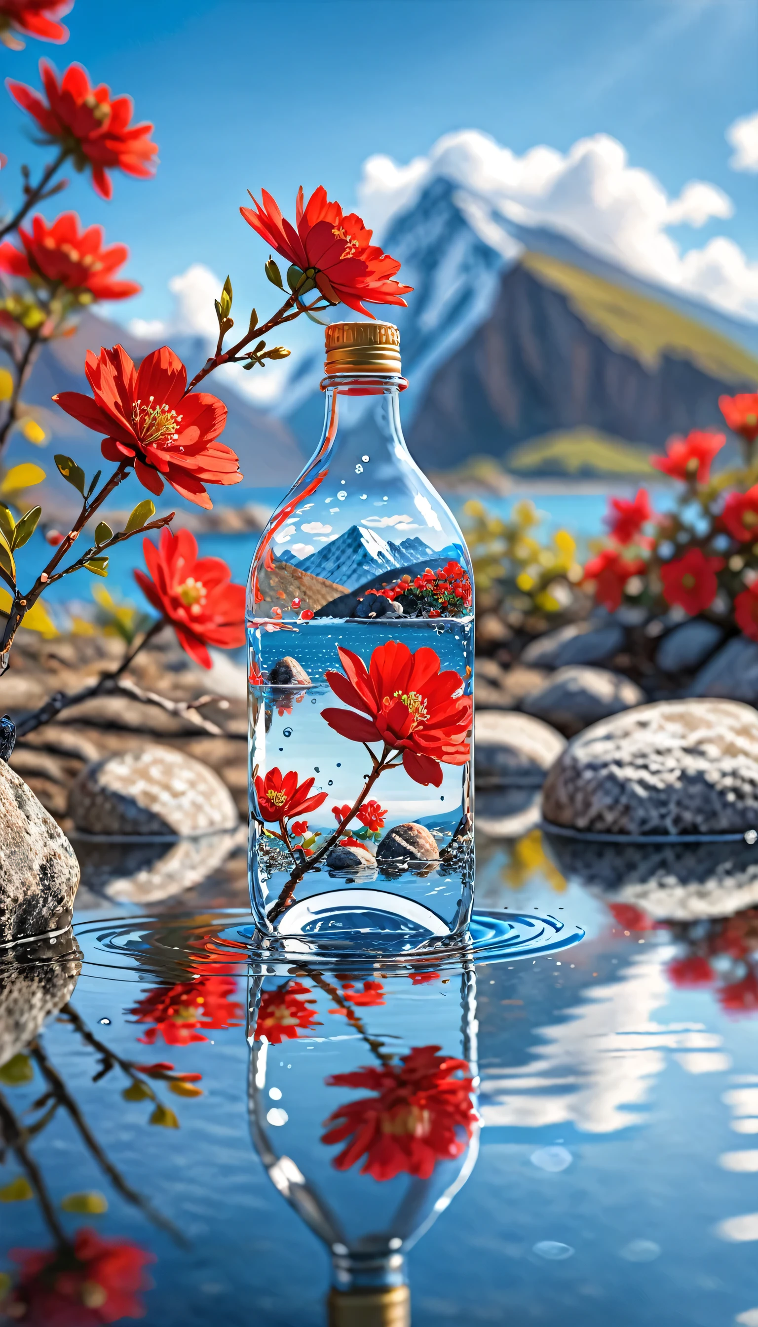 Outdoor, bottle, water, without humans, still life, blurry, bubble, scenery, water drop, ocean, day, sky, blue sky, cloud, blurry background, depth of field, reflection, solo, rock, motion blur, mountain, Red flowers, branch, ice