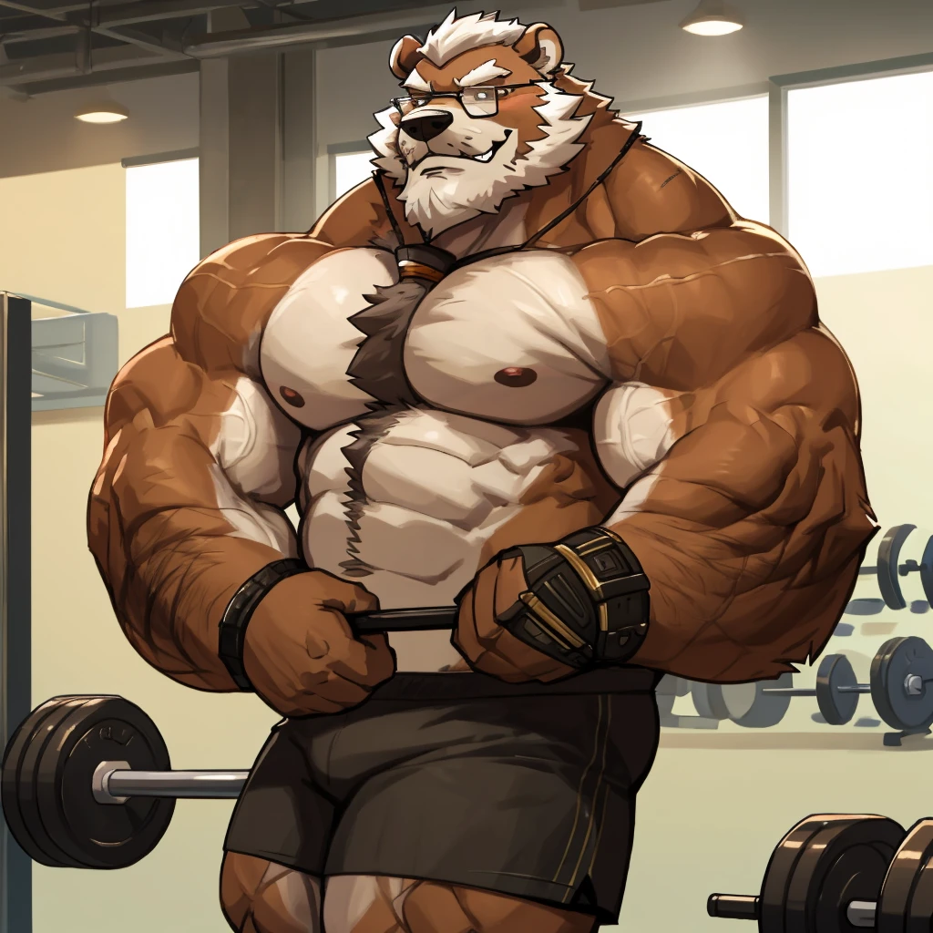 solo, 1boy, Huge Middle aged Muscular Old Grizzly Bear Daddy wearing glasses , pectoral, huge pectoral, wide pectoral, short white hair, short pants black wristbands and shirtless topless, bearded, Mustache, gym background, frontside, 
masterpiece, high detailed, 8k, high resolution, at the gym working out his chests, Dumbbell lifting