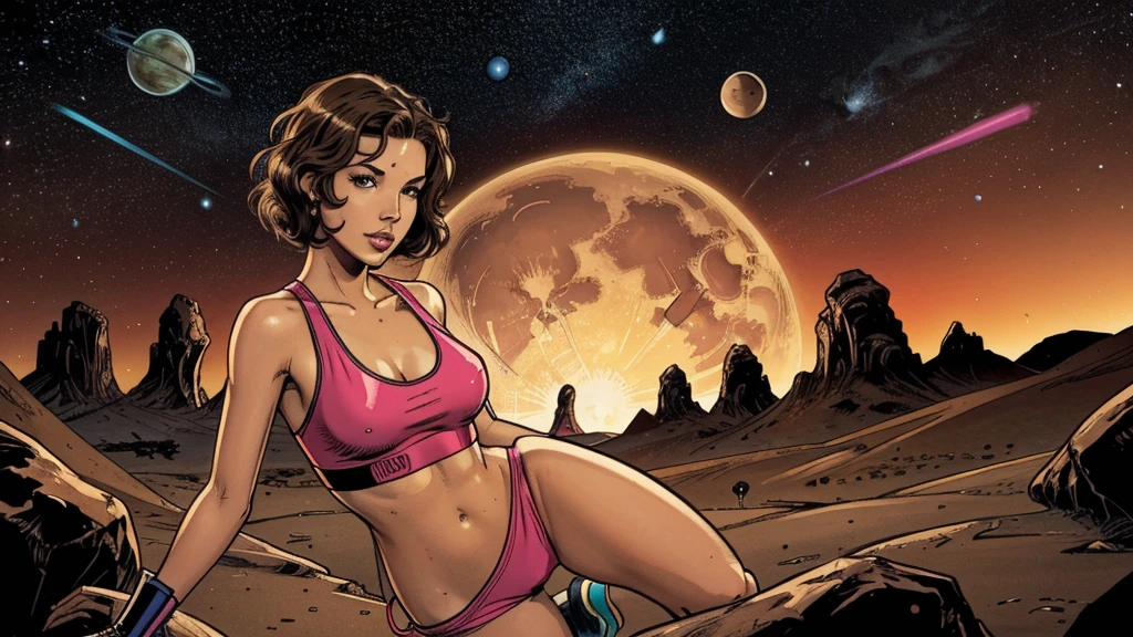a cute, slender, aerobics instructor, very short STRAIGHT brown hair, very short STRAIGHT brown hair, very short STRAIGHT brown hair, very short STRAIGHT brown hair, very short STRAIGHT brown hair, brown eyes, dimples, sexy pose; in an alien environment, space, planets, spaceships, creatures, tentacles, retro comics 1950s, neon colors, lots of bright popping colors, bright, contrasting colors
