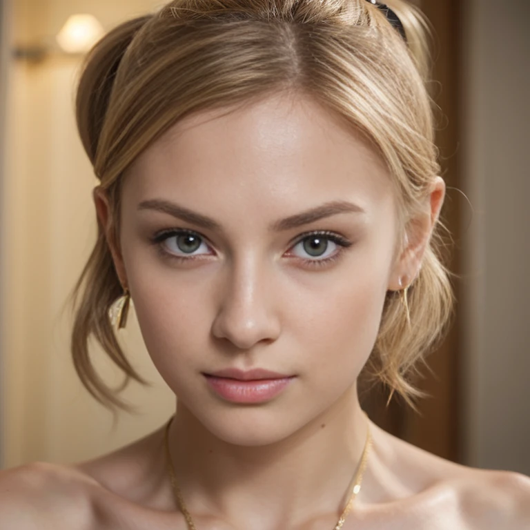 Close up shot , looking at viewer, Naked, Russian girl, 18 age old, (Blond hair, short ponytail , wince, half-closed Gray eyes, beautiful lip, serious), gold crescent earrings, gold neckless, (big breasts, slender whist, wide hip, real public hair, corrected pussy and anal) , textured skin , HI detailed skin, (foreshortening, Canon, UHD, anatomically correct, super detail, high details, highness,