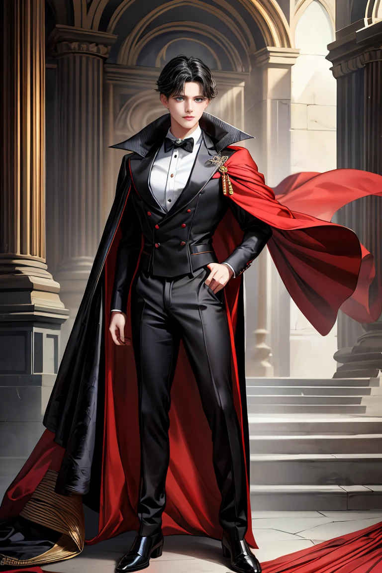 masterpiece, 最high quality, high quality, 1 boy, alone, Male focus, Watching the audience, Messy black hair, Adorable big blue eyes, White people, Noble, Noble,Sexy voluminous black and red cape、Tuxedo、A very voluminous, large, very large, very large, long, long red and black cape with a high stand-up collar, made of a lot of fabric that reaches down to the floor., 17 years old,Cute beautiful boys,Cute, cute, kind, handsome guy