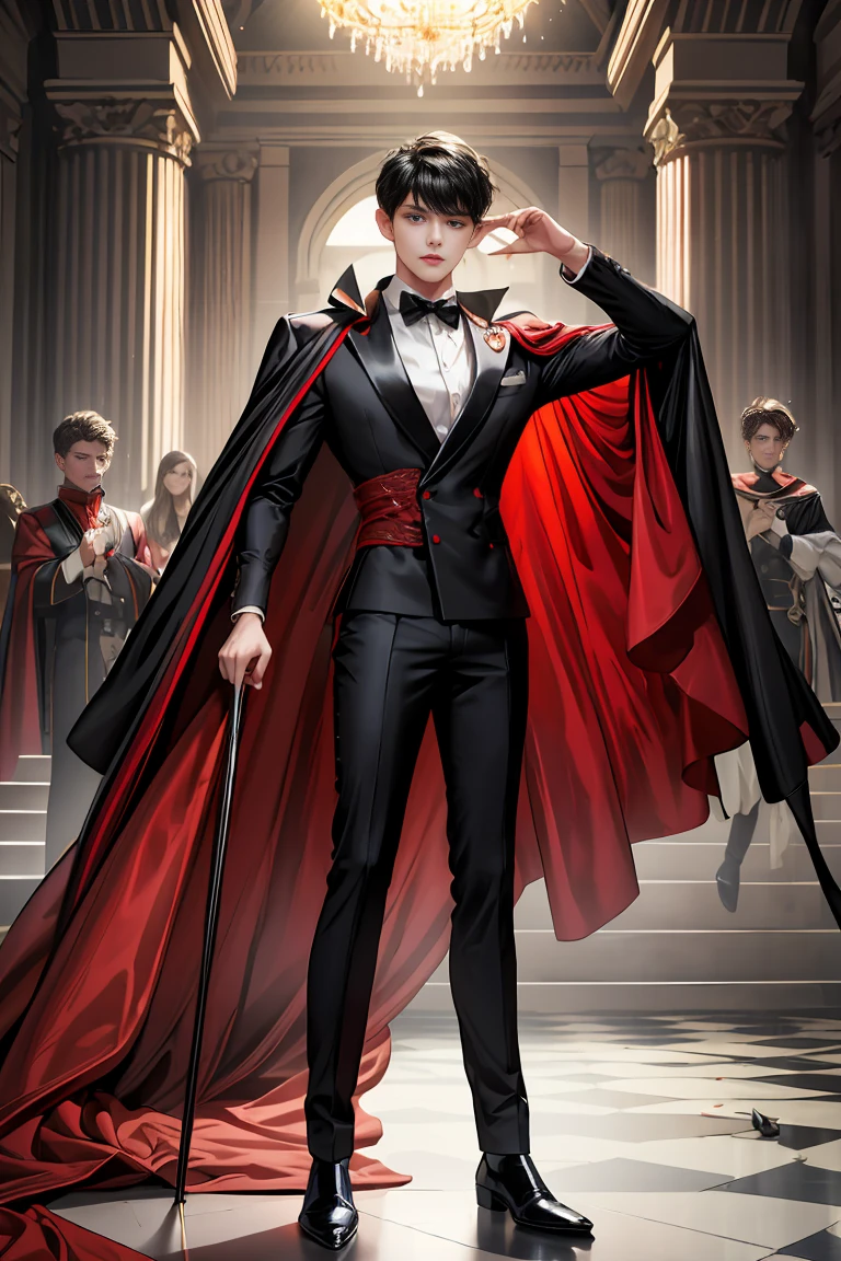 
masterpiece, 最high quality, high quality, 1 boy, alone, Male focus, Watching the audience,  Messy black hair, Adorable big blue eyes, White people, Noble, Noble,Sexy voluminous black and red cape、Tuxedo、A very voluminous, large, very large, very large, long, long red and black cape with a high stand-up collar, made of a lot of fabric that reaches down to the floor., 17 years old,Cute beautiful boys,Cute, cute, kind, handsome guy