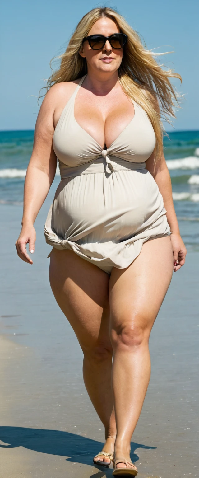 Fat woman, 40 years old white Caucasian woman, big hips, trick thighs, busty cleavage, walking in the beach, summer, day time, sundress, sunglasses, full body picture, MILF, long straight blonde hair, messy hair, serious, chubby, bbw, huge breasts, wet tits and chest