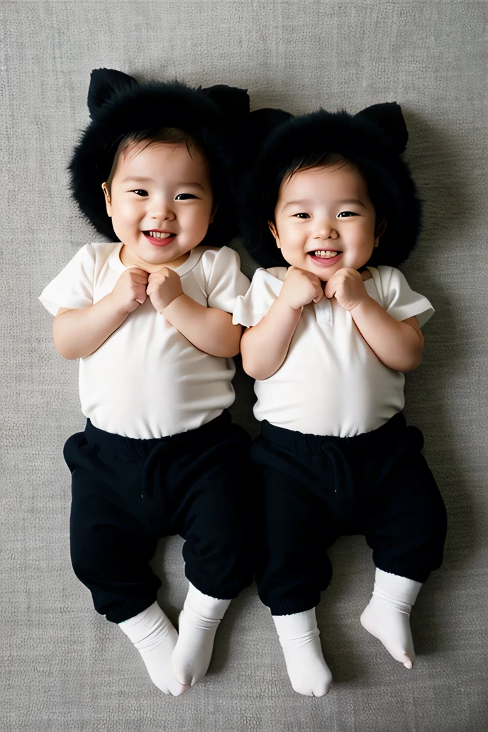 2 Babies, twins, 8 , Koreans, black fur, grey eyes, Cute, laughing, (perfect) (beuttifull) (Fancy) 