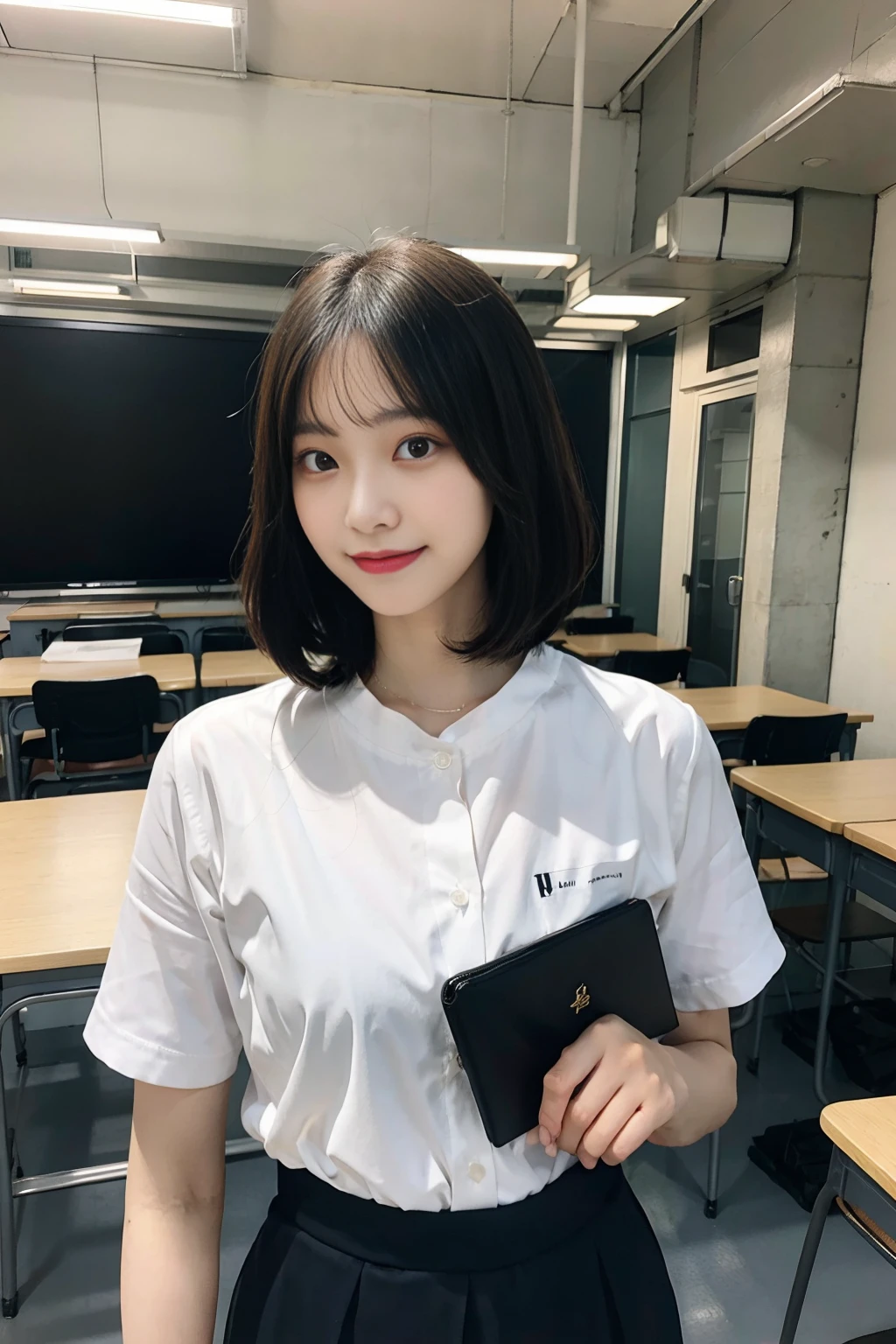 「A beautiful female school teacher stands in front of the classroom、She is wearing a suit with a tight white shirt and a tight he is holding a textbook and smiling gently.。Her short straight hair was neatly combed.、We create a professional and friendly atmosphere。A classroom can be seen in the background.、There is a blackboard and student desks.。」