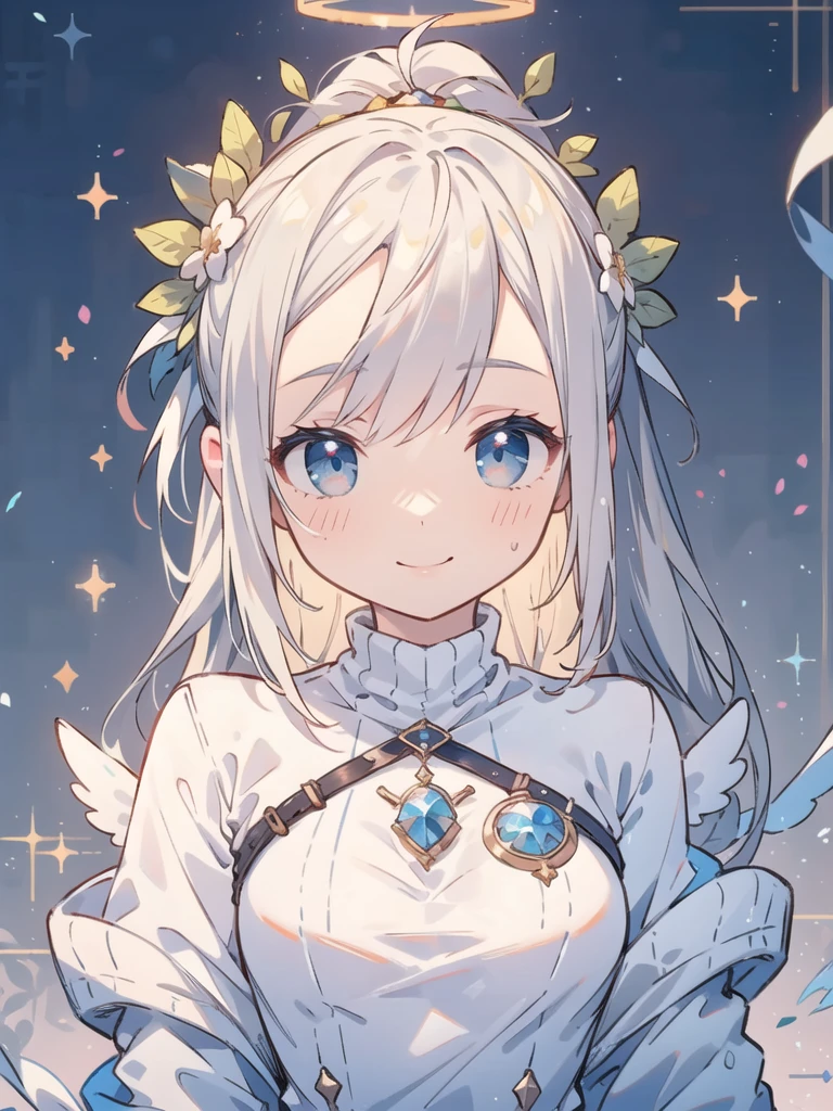 masterpiece, Highest quality, Super detailed, High resolution, (realism:1.1), photorealism, Portraiture, Amazingly beautiful one girl, (cute:1.1), whole body, Beautiful woman face, Kind older sister, sweater, Normal chest, Angel halo on head, Angel wings on your back, smile, White Hair, Long Hair, blushing, Volumetric lighting, Contrast, Depth of written boundary, Sharp focus, Absurd, Unreal Engine
