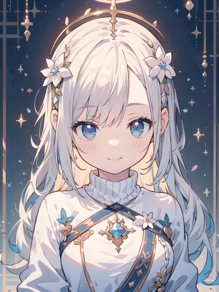 masterpiece, Highest quality, Super detailed, High resolution, (realism:1.1), photorealism, Portraiture, Amazingly beautiful one girl, (cute:1.1), whole body, Beautiful woman face, Kind older sister, sweater, Normal chest, Angel halo on head, Angel wings on your back, smile, White Hair, Long Hair, blushing, Volumetric lighting, Contrast, Depth of written boundary, Sharp focus, Absurd, Unreal Engine