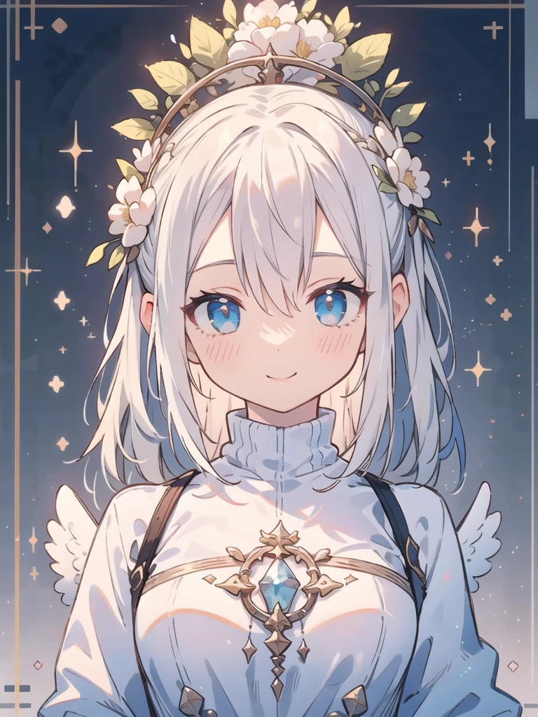 masterpiece, Highest quality, Super detailed, High resolution, (realism:1.1), photorealism, Portraiture, Amazingly beautiful one girl, (cute:1.1), whole body, Beautiful woman face, Kind older sister, sweater, Normal chest, Angel halo on head, Angel wings on your back, smile, White Hair, Long Hair, blushing, Volumetric lighting, Contrast, Depth of written boundary, Sharp focus, Absurd, Unreal Engine
