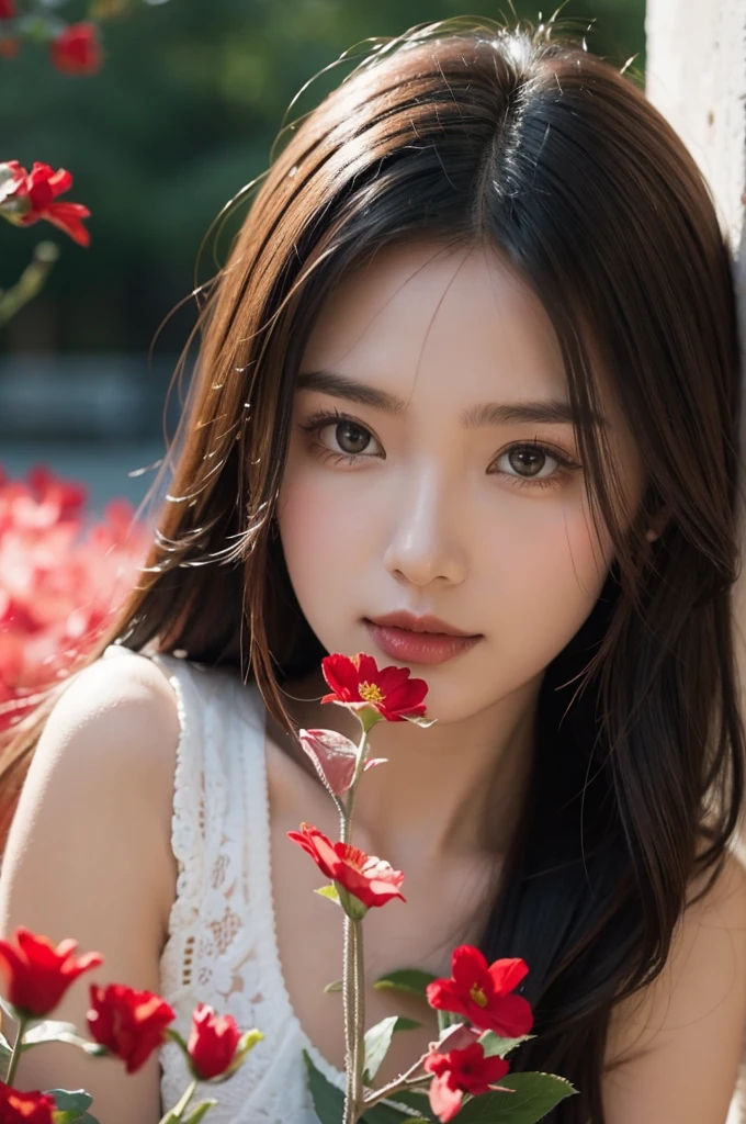 ((Masterpiece)),Best Quality, (8k, Best Quality, Masterpiece:1.2), ultra detailed, illustration, little_scene, 3D_scene, mountain,  red flowers background, water