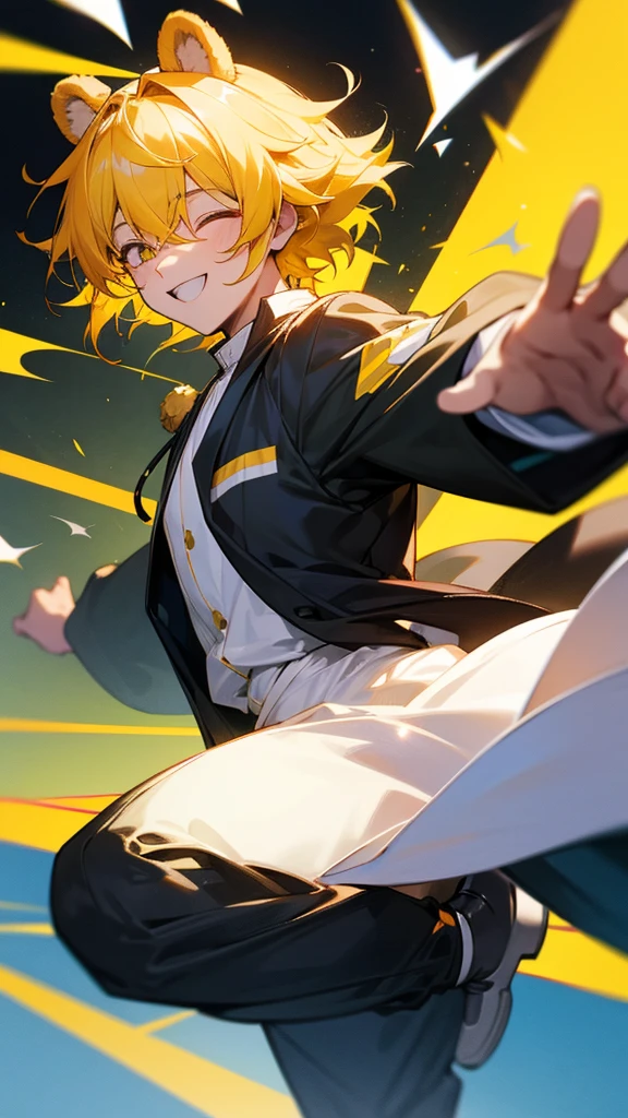 Handsome boy　Bear ears　Yellow Hair　Black yukata　smile　Jumping