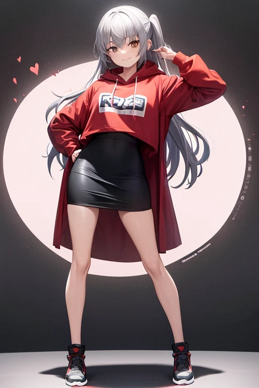 1girl, ikuyo kita, woman, red hoodie, black pencil skirt, maxi length skirt, long hair, looking at viewer, full body, smile, legs spread, standing, silver hair