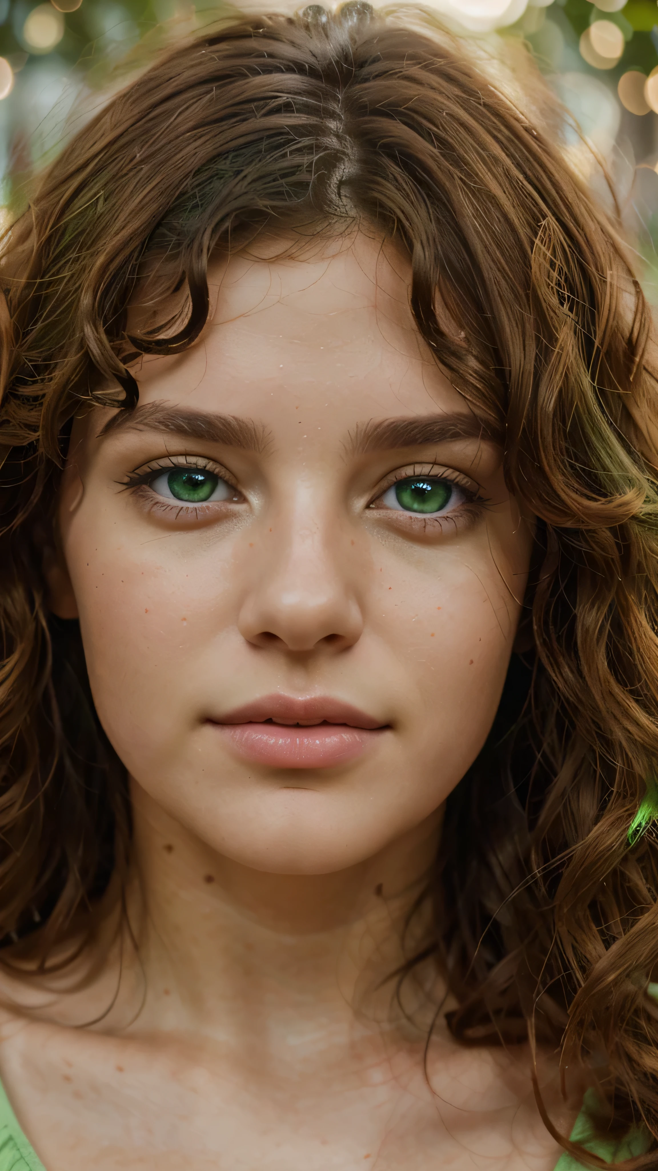 8k, close up photo-realistic portrait of beautiful 19 year European girl, ((brown curly hair , light green eyes, ))