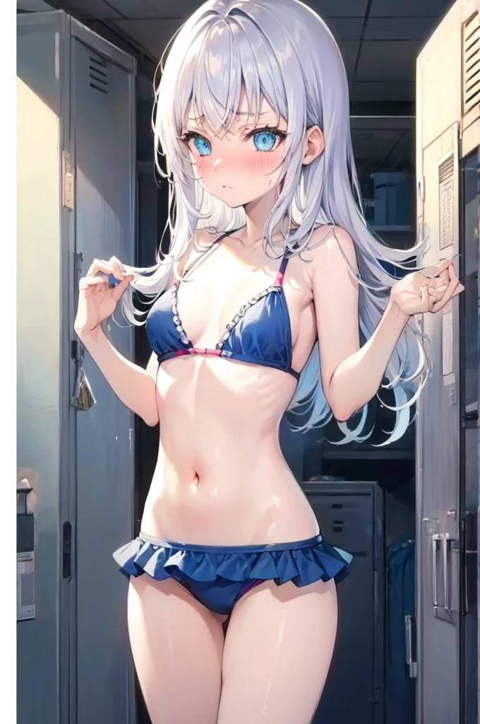 エロいBikini、Random pose、Adult bikini、Wet、Silver Hair、Pale blue eyes、Semi-long hair、学校のlocker room、locker room、Blushing、Embarrassed、Bikini、