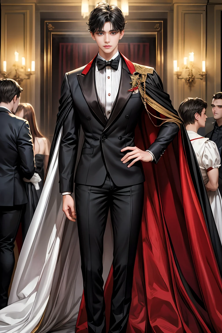 masterpiece, 最high quality, high quality, 1 boy, alone, Male focus, Watching the audience, Messy black hair, Adorable big blue eyes, White people, Noble, Noble,Sexy voluminous black and red cape、Tuxedo、A very voluminous, large, very large, very large, long, long red and black cape with a high stand-up collar, made of a lot of fabric that reaches down to the floor., ,Cute beautiful boys,Cute, cute, kind, handsome guy