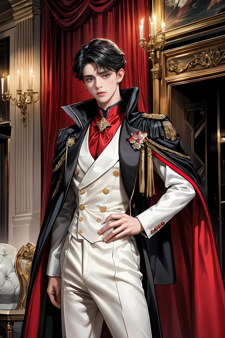 
masterpiece, 最high quality, high quality, 1 boy, alone, Male focus, Watching the audience,  Messy black hair, Adorable big blue eyes, White people, Noble, Noble,Sexy voluminous black and red cape、Tuxedo、A very voluminous, large, very large, very large, long, long red and black cape with a high stand-up collar, made of a lot of fabric that reaches down to the floor., 17 years old,Cute beautiful boys,Cute, cute, kind, handsome guy