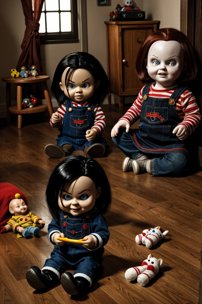 Hunted room, scary toys, old lady ,chucky with black and massy hair sitting on the floor