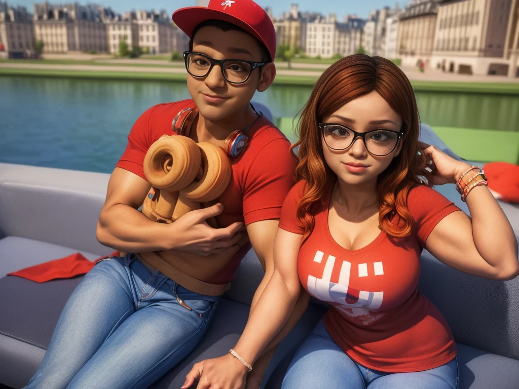 (masterpiece, best quality:1.2), A couple , boy Nino Lahiffe: Brown skin, dark hair, usually seen wearing a red cap, glasses, and casual clothing like a T-shirt and jeans, and a girl Alya Césaire: Brown skin, curly dark brown hair, often wears glasses, and typically seen in stylish, casual outfits. A casual day out with both characters in their everyday attire,Sharing a tender moment, like sitting on a rooftop overlooking Paris..(girl and boy:1), smiling, ((high resolution illustration)), ((extremely detailed)), (couple), Alya, Nino, Nino X Alya, (best quality,4k,8k,highres,masterpiece:1.2), ultra-detailed, realistic:1.37, HDR, studio lighting, extreme detail description, nino wearing a red cap, professional, vibrant colors, bokeh, ((muscular female bodybuilder)), detailed lips, strong embrace, romantic scene, intimate moment, intense passion, athletic bodies, fitness couple, gym, (((both flexing their big muscles))).