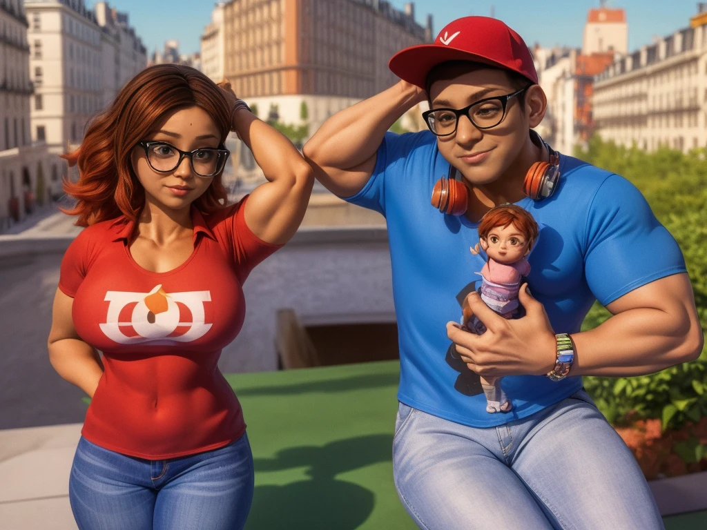 (masterpiece, best quality:1.2), A couple , boy Nino Lahiffe: Brown skin, dark hair, usually seen wearing a red cap, glasses, and casual clothing like a T-shirt and jeans, and a girl Alya Césaire: Brown skin, curly dark brown hair, often wears glasses, and typically seen in stylish, casual outfits. A casual day out with both characters in their everyday attire,Sharing a tender moment, like sitting on a rooftop overlooking Paris..(girl and boy:1), smiling, ((high resolution illustration)), ((extremely detailed)), (couple), Alya, Nino, Nino X Alya, (best quality,4k,8k,highres,masterpiece:1.2), ultra-detailed, realistic:1.37, HDR, studio lighting, extreme detail description, nino wearing a red cap, professional, vibrant colors, bokeh, ((muscular female bodybuilder)), detailed lips, strong embrace, romantic scene, intimate moment, intense passion, athletic bodies, fitness couple, gym, (((both flexing their big muscles))).