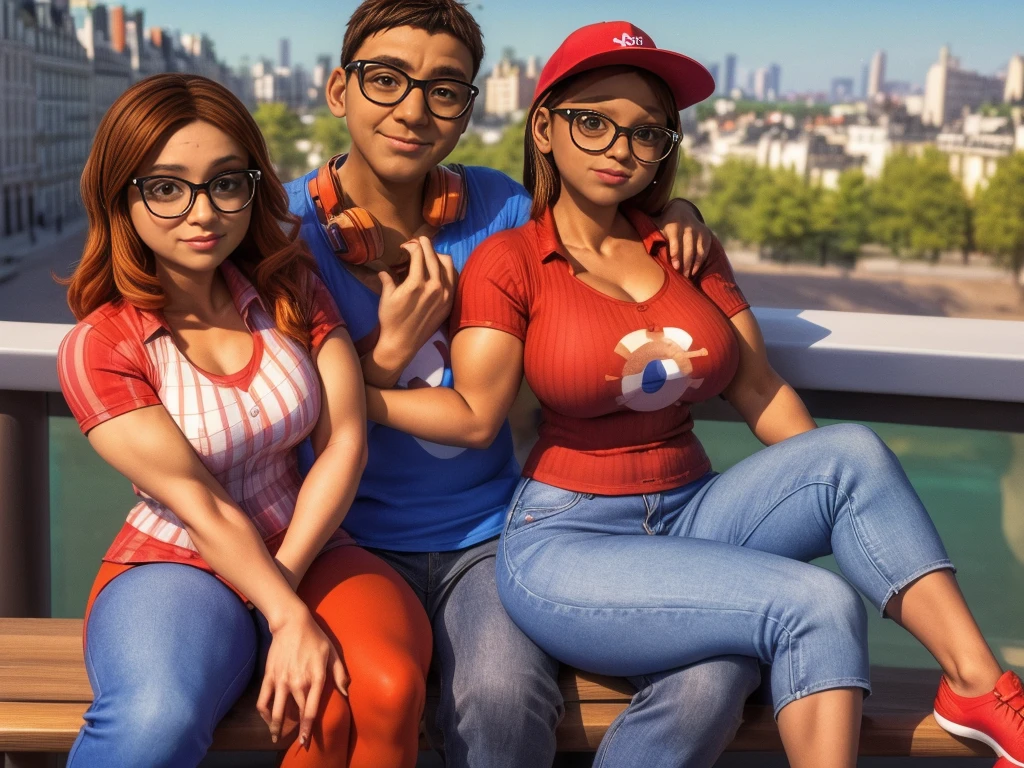 (masterpiece, best quality:1.2), A couple , boy Nino Lahiffe: Brown skin, dark hair, usually seen wearing a red cap, glasses, and casual clothing like a T-shirt and jeans, and a girl Alya Césaire: Brown skin, curly dark brown hair, often wears glasses, and typically seen in stylish, casual outfits. A casual day out with both characters in their everyday attire,Sharing a tender moment, like sitting on a rooftop overlooking Paris..(girl and boy:1), smiling, ((high resolution illustration)), ((extremely detailed)), (couple), Alya, Nino, Nino X Alya, (best quality,4k,8k,highres,masterpiece:1.2), ultra-detailed, realistic:1.37, HDR, studio lighting, extreme detail description, nino wearing a red cap, professional, vibrant colors, bokeh, ((muscular female bodybuilder)), detailed lips, strong embrace, romantic scene, intimate moment, intense passion, athletic bodies, fitness couple, gym, (((both flexing their big muscles))).