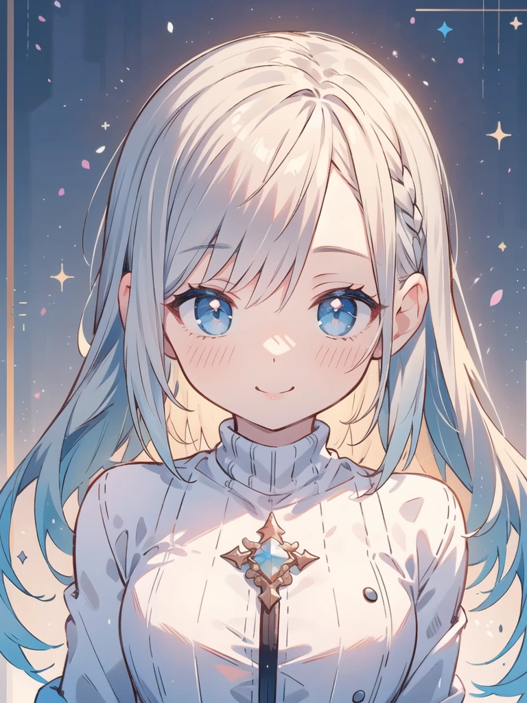 masterpiece, Highest quality, Super detailed, High resolution, (realism:1.1), photorealism, Portraiture, Amazingly beautiful one girl, (cute:1.1), whole body, Beautiful woman face, Kind older sister, sweater, Normal chest, Angel, smile, White Hair, Long Hair, blushing, Volumetric lighting, Contrast, Depth of written boundary, Sharp focus, Absurd, Unreal Engine